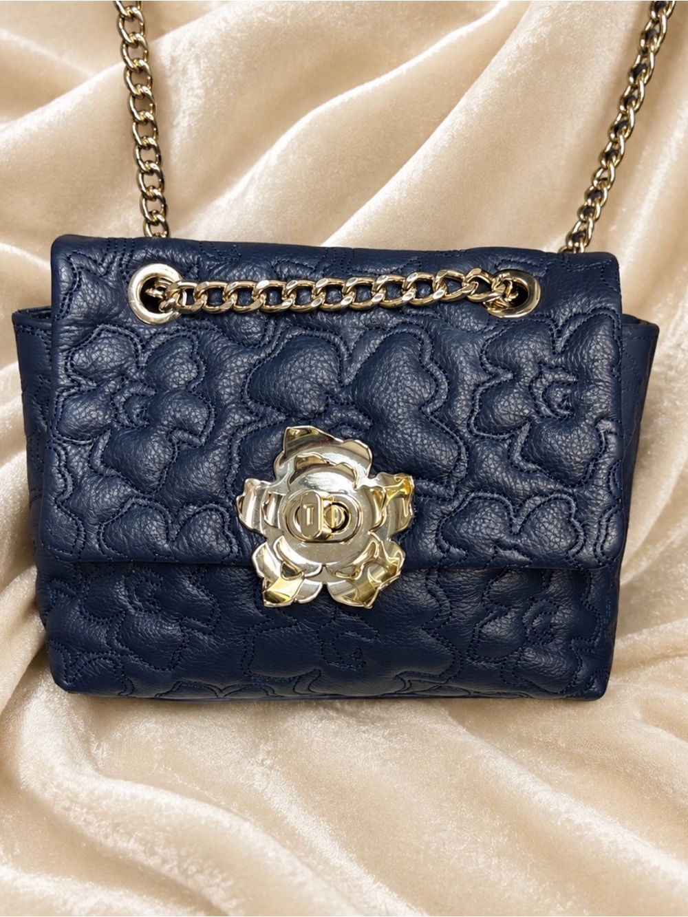 Ted Baker Ayshana Magnolia Quilted Mini Crossbody Bag Navy Blue Leather - Picture 11 of 11